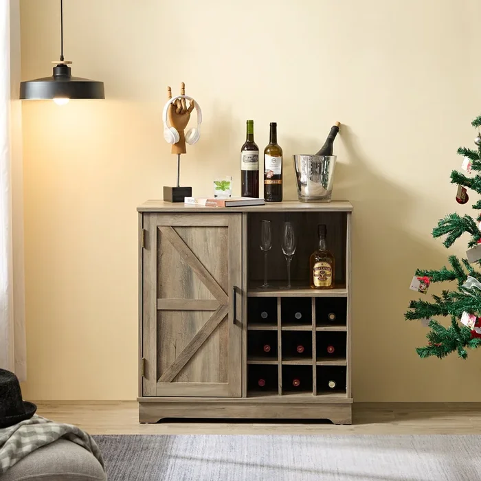 Farmhouse Coffee Bar Cabinet Bar Cabinet with Wine Rack Barn Door Buffet Sideboard Cabinet with Drawer, Adjustable Storage Shelves, Living Room, Dining Room 31.5×15.75×31.5Gray Wash