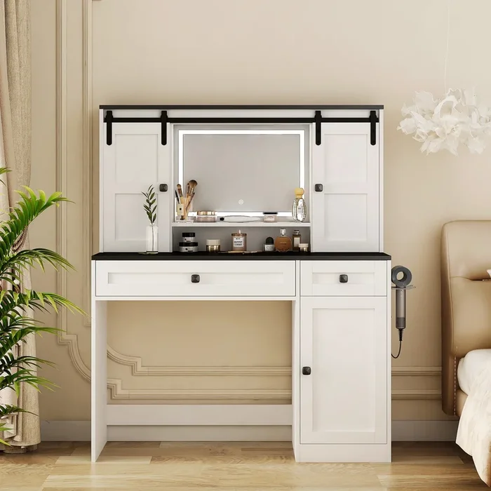 Farmhouse Dressing Table Makeup Table, 43″ Wide Dressing Table With Lighted Mirror And Makeup Drawer, Large Modern Dressing Table Set With Hair Dryer Holder For Bedroom, White White Mdf