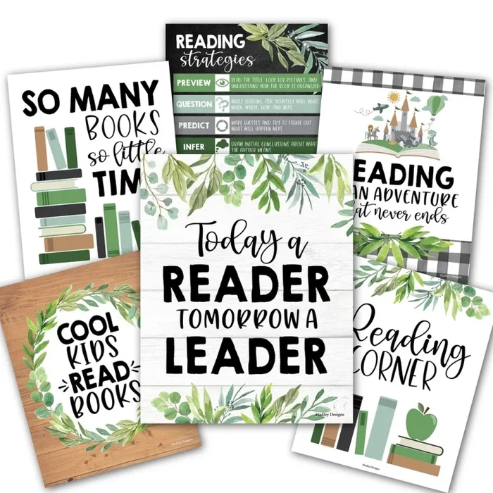 Farmhouse Greenery Reading Posters For Classroom Library Decor, Set Of 6
