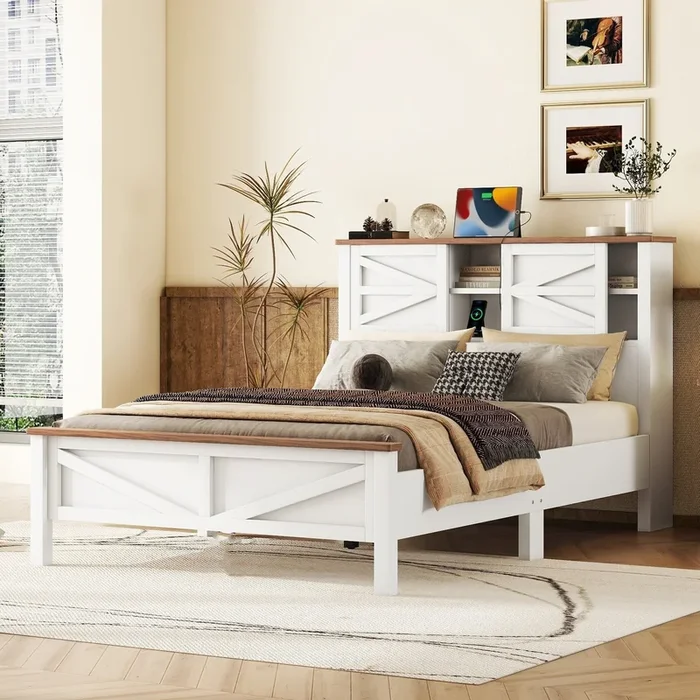 Farmhouse Platform Bed with Double Sliding Barn Door, Full Size Rustic Wood Bed with Charging Station, Wood Slats Support, White+Brown