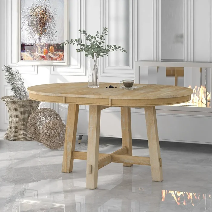Farmhouse Round Extendable Dining Table with 16″ Leaf Wood Kitchen Table (Natural Wood Wash)