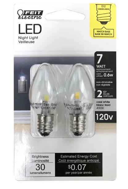 Feit 0.6W (6W Replacement) Cool White (4000K) E12 Base C7 Non-Dimmable LED Night Light Bulb – 2-Pack