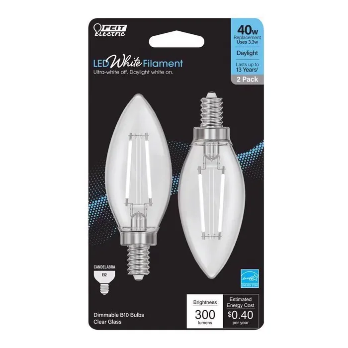 Feit 3.3W (40W Equivalent) Daylight White (5000K) B10 (E12 Base) Torpedo Tip Exposed White Filament LED Bulb – 2-Pack