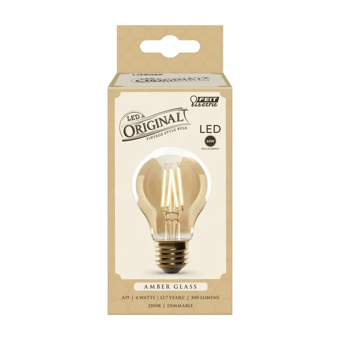 Feit 4W (60W Replacement) AT19 E26 Dimmable Straight Filament Amber Glass Vintage Edison LED Light Bulb, Soft White