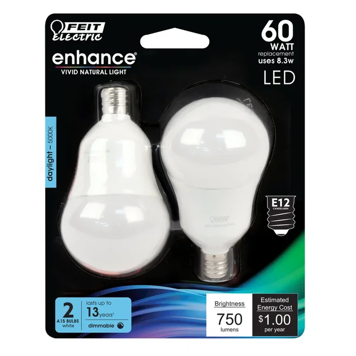 Feit 8.3W (60W Replacement) Daylight (5000K) A15 Candelabra Base Dimmable Glass Filament Enhance LED Bulb – 2-Pack