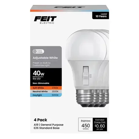 Feit A19 E26 (Medium) LED Bulb Adjustable White 40 Watt Equivalence 4 pk