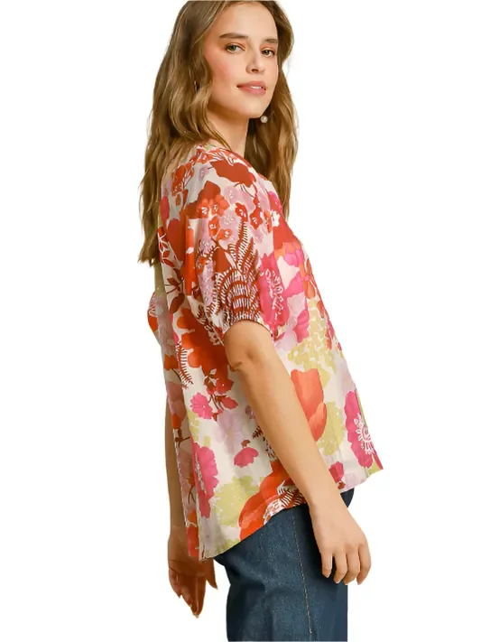 Floral Pink Mix Top Button Down K9833