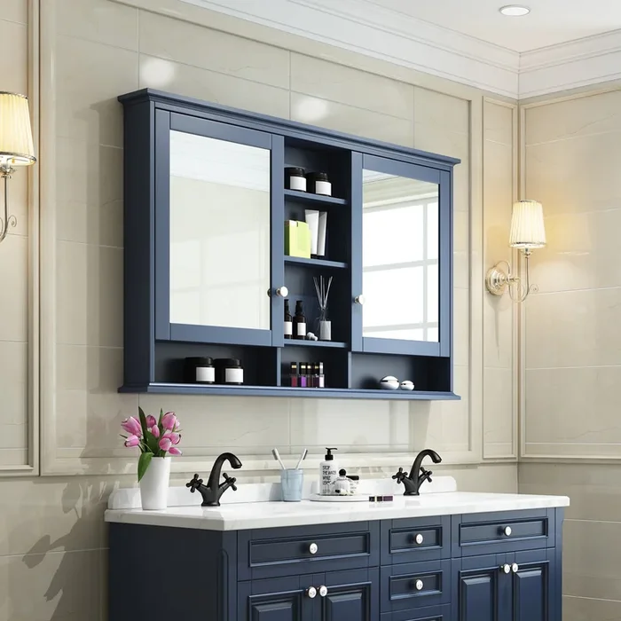 Forclover 55-in x 35-in Surface Mount Navy Mirrored Soft Close Medicine Cabinet
