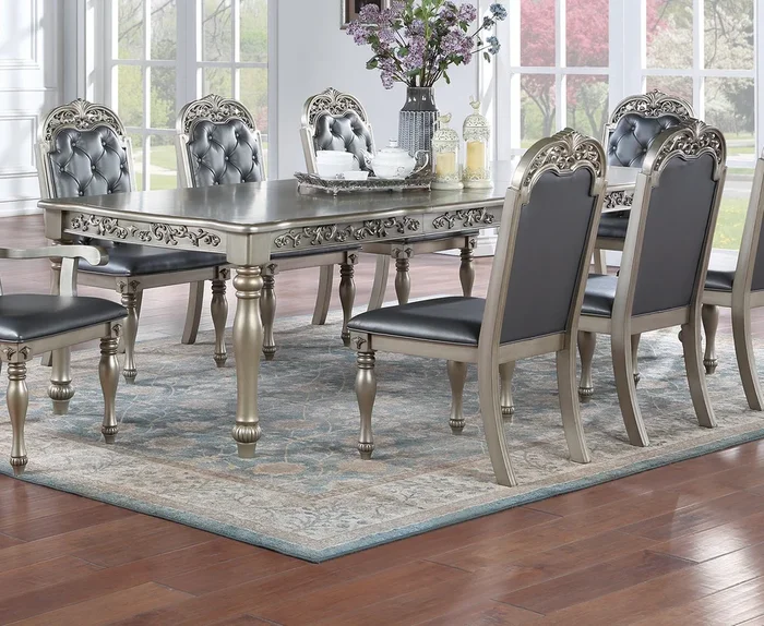 Formal 1Pc Dining Table W 2X Leaves Only Silver Grey Finish Antique Design Rubberwood Large Family Dining Room Furniture Silver Grey Gray Dining Room Antique,Traditional Rubberwood Rectangular Kitchen & Dining Tables Rubber Wood
