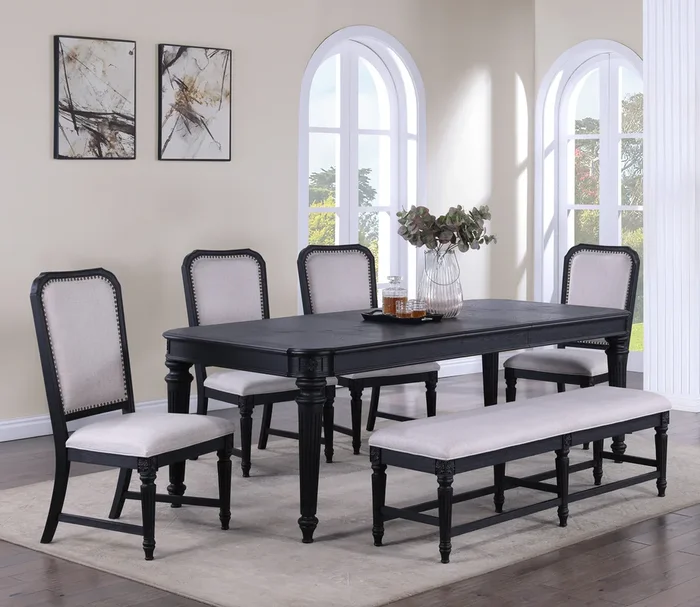 Formal Traditional 6Pc Dining Room Set Dark Brown Finish 18″ Extension Leaf Table Tufted Upholstered Chairs Bench Beautiful Carved Legs Dining Room Furniture Wood Wood Dark Brown Seats 6 Wood Dining Room Extendable Modern Rectangular Dining Table With