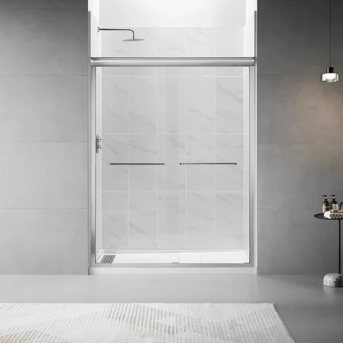 Framed Sliding Shower Door 56″ 60″W X 75″H, Bypass Double Sliding Glass Door With 1 4″ 6Mm Clear Glass, Brushed Nickel Finish Brushed Nickel Bathroom American Design Glass Metal