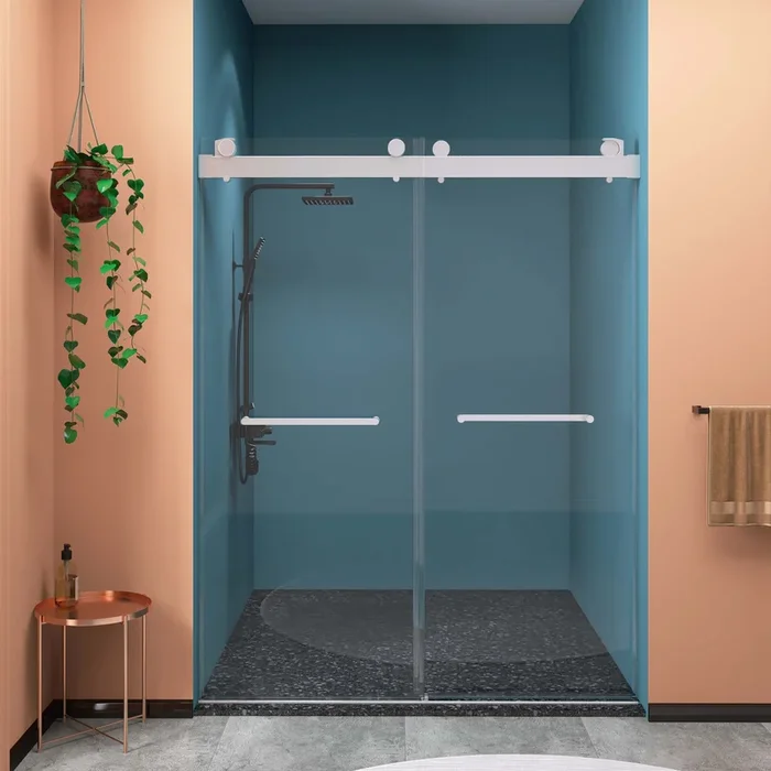 Frameless Double Sliding Shower, 69″ 72″ Width, 79″ Height, 3 8″ 10 Mm Clear Tempered Glass,Designed For Smooth Door With Clear Tempered Glass And Stainless Steel Hardware Brushed Nickel Brushed Nickel Bathroom Modern Glass