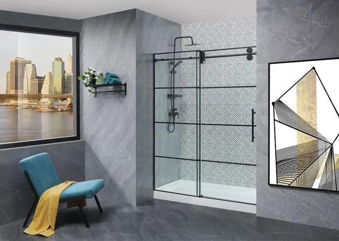 Frameless Glass Shower Door Adjustable 56 60 In.W Black Sliding Shower Door,Certified Thick Clear Clear Tempered Glass,304 Stainless Steel Hardware Matt Black Stainless Steel