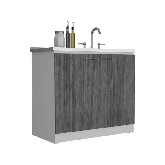 Freestanding Sink, Double Door Cabinet, Two Shelves, White Smokey Oak Multicolor Solid Wood Mdf Engineered Wood