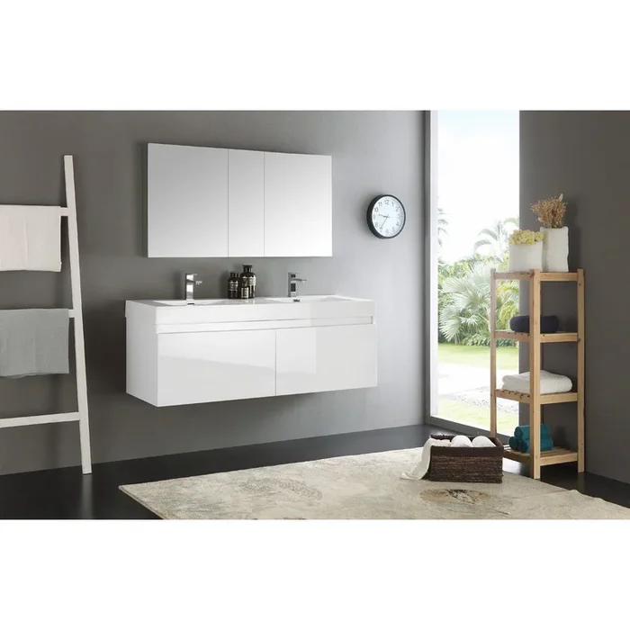 Fresca Mezzo 60″ White Wall Hung Double Sink Modern Bathroom Vanity w/ Medicine Cabinet & Free Faucet