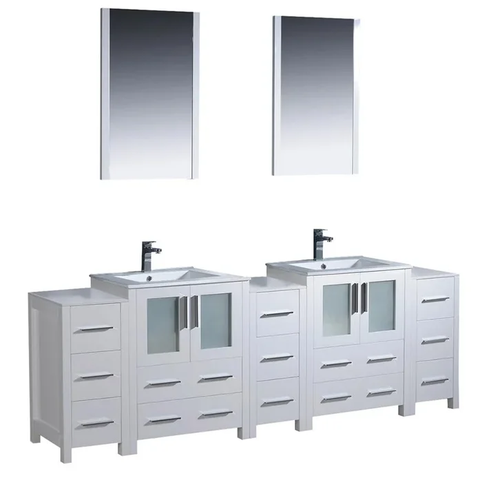 Fresca Torino 84″ White Modern Double Sink Vanity w/3 Side Cabinets & Integrated Sinks