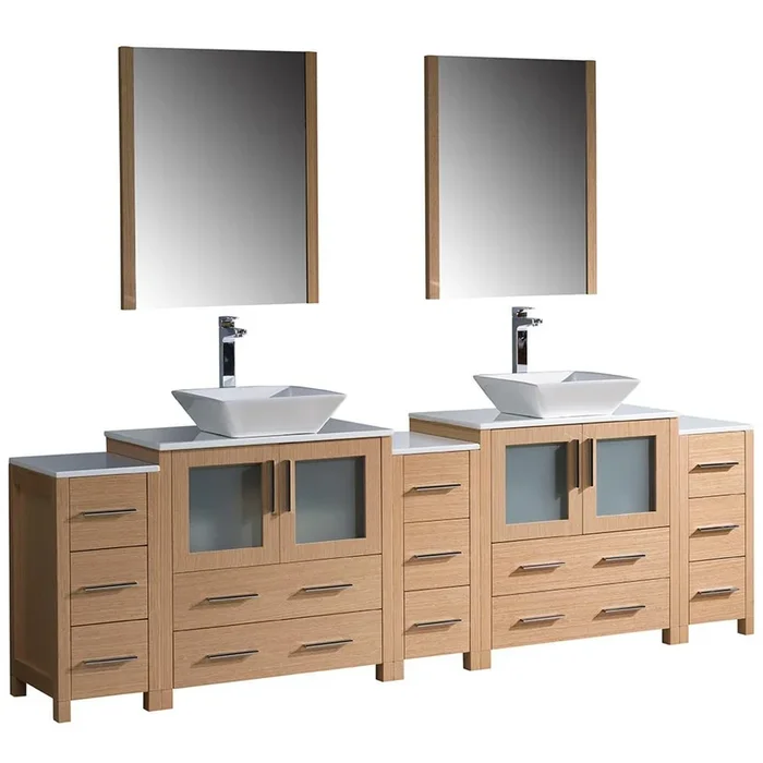 Fresca Torino 96″ Light Oak Modern Double Sink Vanity w/ 3 Side Cabinets & Vessel Sinks
