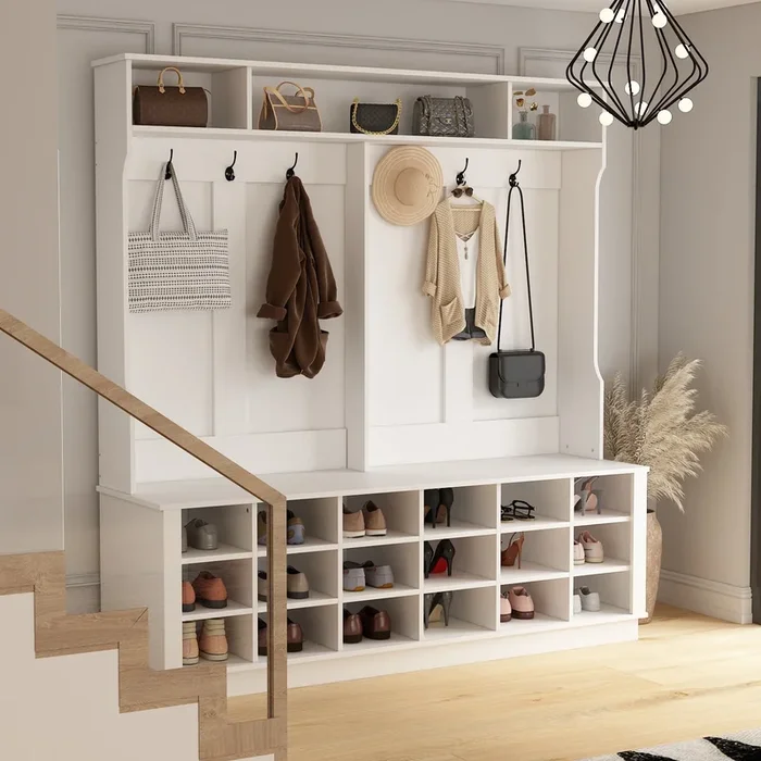 FUFU&GAGA Contemporary Hanging Wardrobe with Storage Compartments, Coat Hooks, and Shoe Cabinets