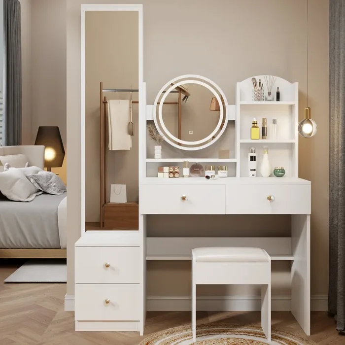 Full Body Mirror Cabinet Round Mirror Led Vanity Table Cushioned Stool, 17″ Diameter Led Mirror, Touch Control, 3 Color, Brightness Adjustable, Large Desktop, Multi Layer High Capacity Storage White Mdf