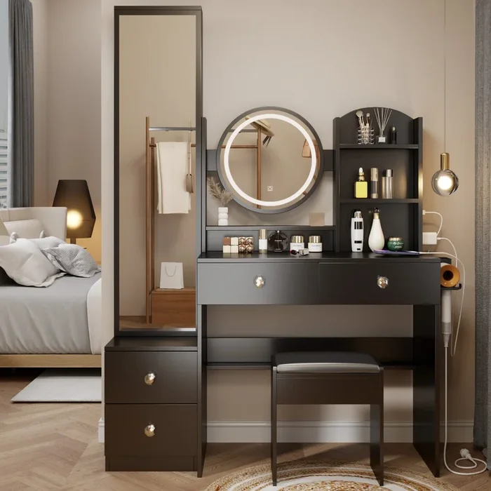 Full Body Mirror Cabinet Round Mirror Led Vanity Table Cushioned Stool, With 2 Ac 2 Usb Power Station,17″ Diameter Led Mirror, Touch Control, 3 Color, Brightness Adjustable, Large Desktop Black Mdf