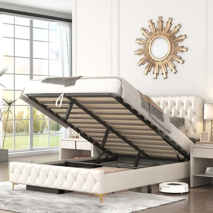 Full Platform Bed Frame With Pneumatic Hydraulic Function, Velvet Upholstered Bed With Deep Tufted Buttons, Lift Up Storage Bed With Hidden Underbed Oversized Storage, Beige Full Beige Velvet