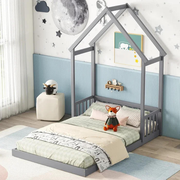 Full Roof-framed Headboard Floor Bed with Headboard Guardrails, without Slats, Grey