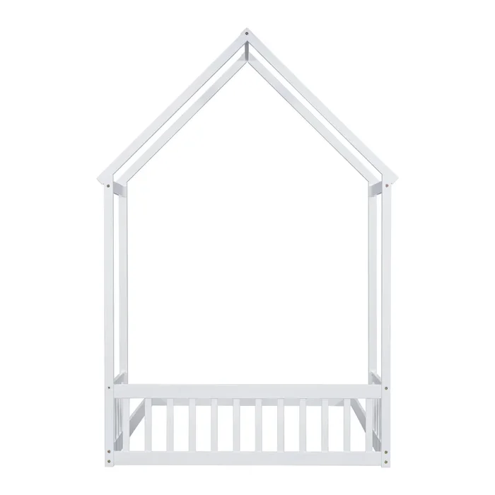 Full Roof Framed Headboard Floor Bed With Headboard Guardrails, Without Slats White Full White American Design Pine