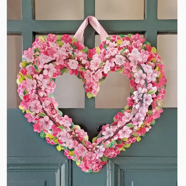 Full Size 3-D Cherry Blossom Heart Wreath Pop Up Greeting Card