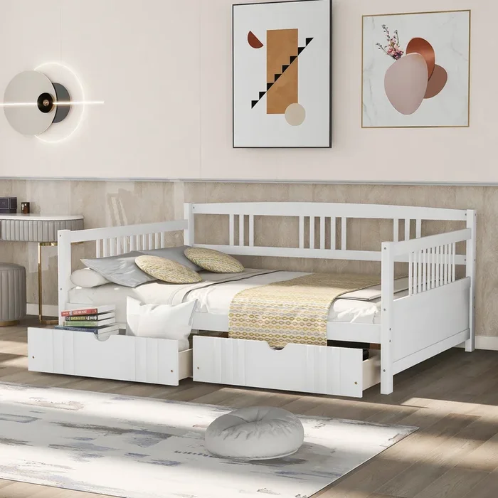 Full Size Daybed Wood Bed with Two Drawers, White