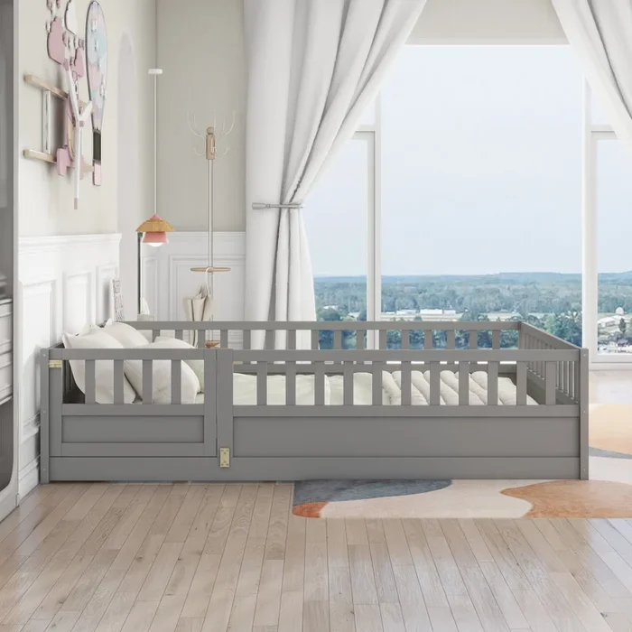 Full Size Floor Bed, Integral Construction With Super High Security Barrier, Door, Children’S Floor Bed Frame, Montessori Wooden Children’S Floor Bed, Support Slat Grey Box Spring Required Full Grey Wood Brown Bedroom American Design,Artsy Pine Bed Frame