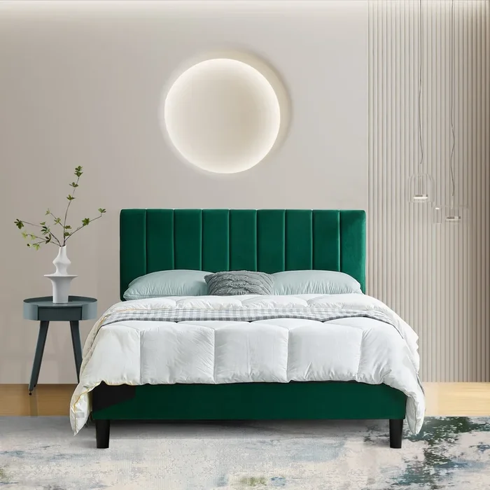 Full Size Frame Platform Bed with Upholstered Headboard and Slat Support, Heavy Duty Mattress Foundation, No Box Spring Required, Green