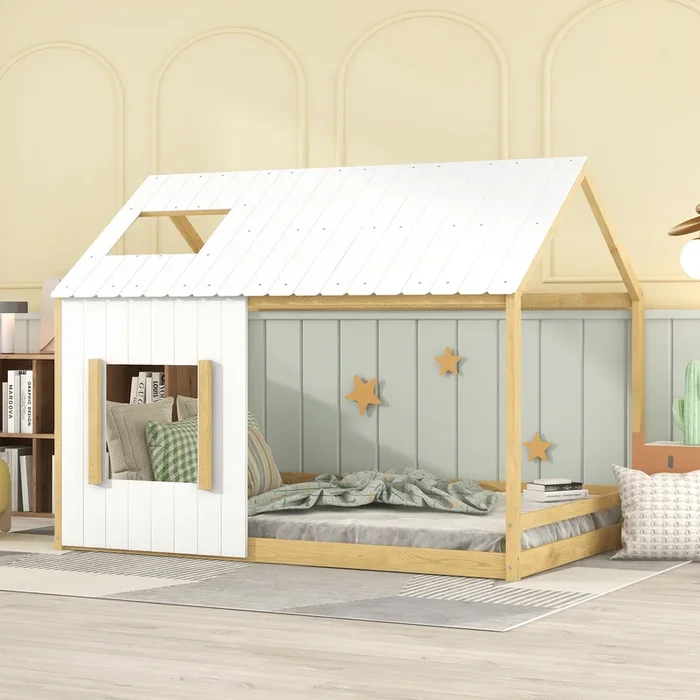 Full Size House Bed with Roof and Window – White+Natural