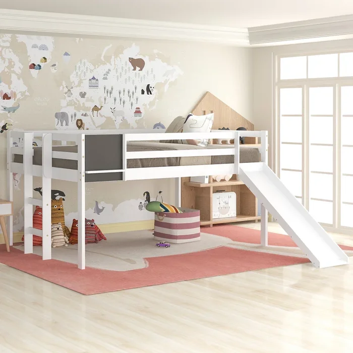 Full Size Loft Bed Wood Bed With Slide, Stair And Chalkboard,White Old Sku:Wf282116Aak White Solid Wood