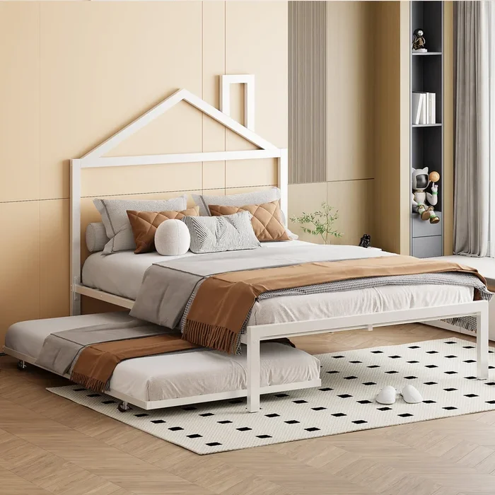 Full Size Metal Platform Bed With Twin Size Trundle,House Shaped Headboard Design, White Full White Metal