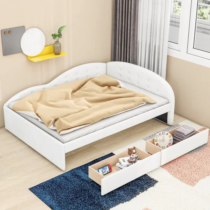 Full Size PU Upholstered Tufted Daybed with Two Drawers and Cloud Shaped Guardrail, White
