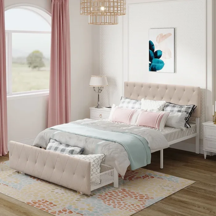 Full Size Storage Bed Metal Platform Bed with a Big Drawer – Beige
