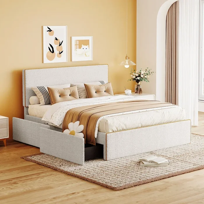 Full Size Upholstered Platform Bed with 4 Drawers and Golden Edge on the Headboard & Footboard, White