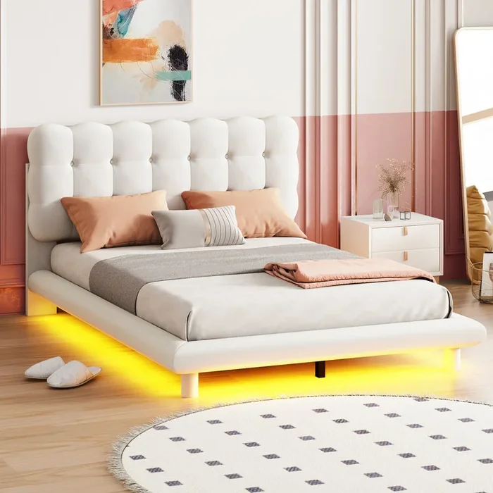 Full Size Velvet Platform Bed With Led Frame, Thick & Soft Fabric And Button Tufted Design Headboard, Beige Beige Velvet