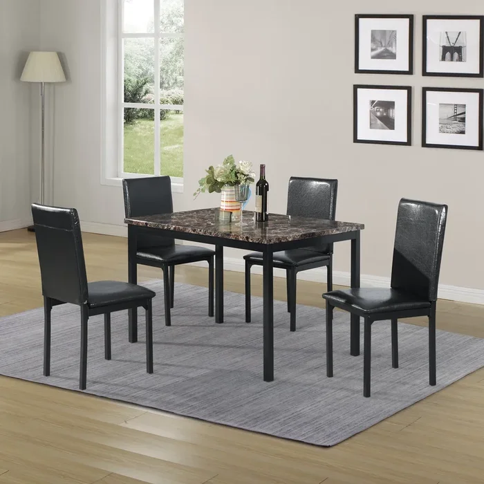 Furniture 5 Piece Metal Dinette Set with Faux Marble Top – Black,Dining set,table&4 chairs