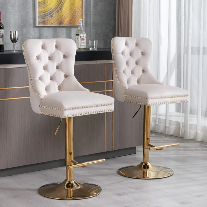 Furniture, Thick Golden Swivel Velvet Barstools Adjusatble Seat Height from 27-35 Inch, Modern Upholstered Bar Stools with Backs Comfortable Tufted for Home Pub and Kitchen Island (Beige, Set of 2)