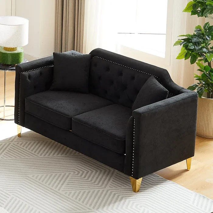 Fx 61.5″Mid Century Design Modern Sofa,Chenille Pull Buckle Design Sofa For Living Room,Buttons Tufted With Copper Nail Decoration Armrest, With 2 Pillows,Modern Couch Upholstered Button And Metal Leg Black Chenille Wood Pine Foam Fabric 2 Seat