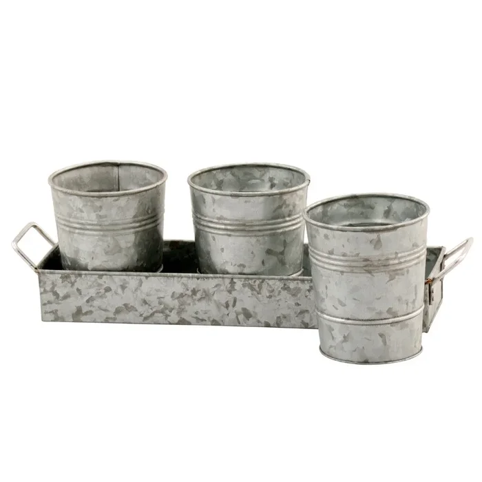 Galvanized Set Of Three Planters With Tray, Gray Gray Metal
