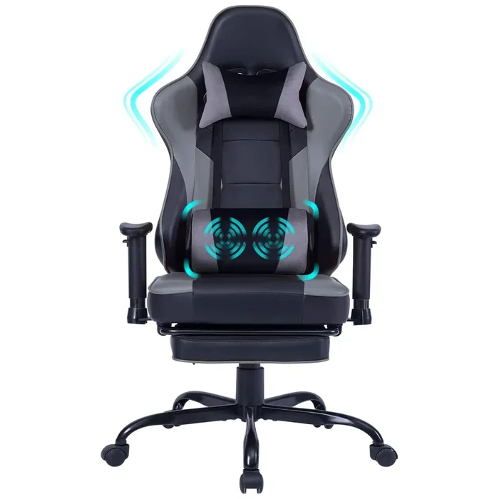 Game Chair, Ergonomiy Designed Computer Chair With Headrest And 2D Armrests, Waist Pillow Electronic Lounge Chair With Vibration Massage Function, Competitive Chair Iron Grey Cotton Leather