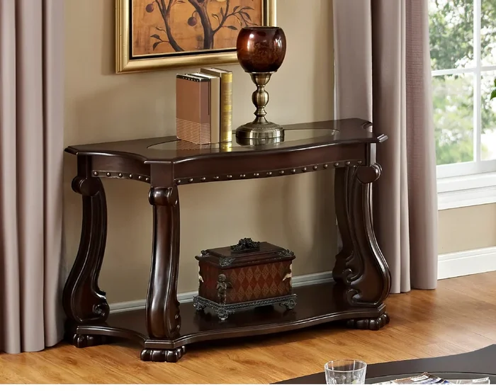 Glass Top Sofa Table Brown Base Lower Display Shelf Ornate And Sweeping Legs 1Pc Sofa Table Antique Brown Primary Living Space Traditional Open Storage Rectangular Wood