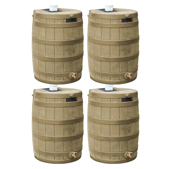 Good Ideas Rain Wizard 50 Gallon Plastic Barrel Water Collector, Khaki (4 Pack)