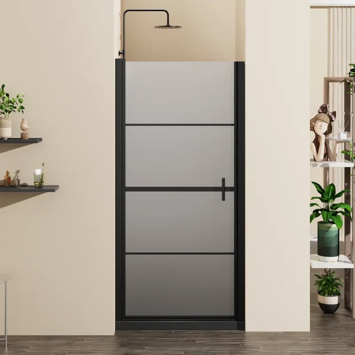 Goodyo 34″X72″Framed Pivot Swing Shower Door Frosted Tempered Glass Grid Pattern With 35.4″ Black Shower Base Combo Black Glass Acrylic