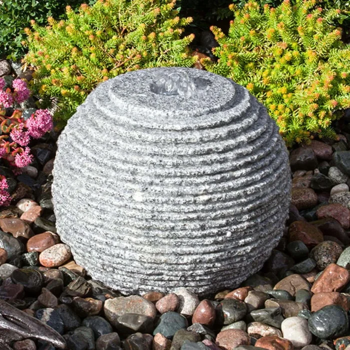 Gray Ribbed Granite Sphere Fountain – Complete Kit – Blue Thumb