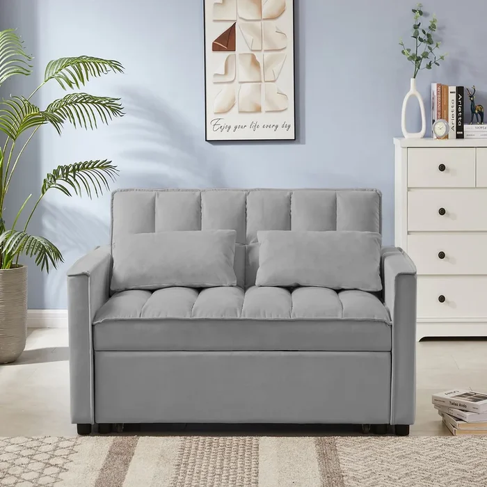 Grey Velvet Loveseat Sofa Bed Grey Wood Tufted Back Square Arms Foam Velvet 2 Seat