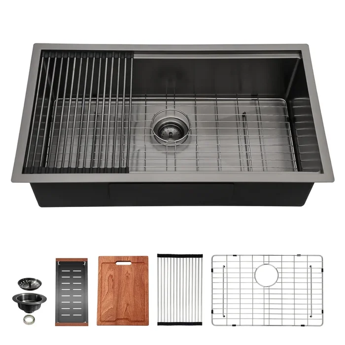 Gunmetal Black Workstation Kitchen Sink 30″X 18″X 10″ Single Bowl Workstation Undermount Kitchen Sink 16 Gauge Stainless Steel Gunmetal Black Stainless Steel
