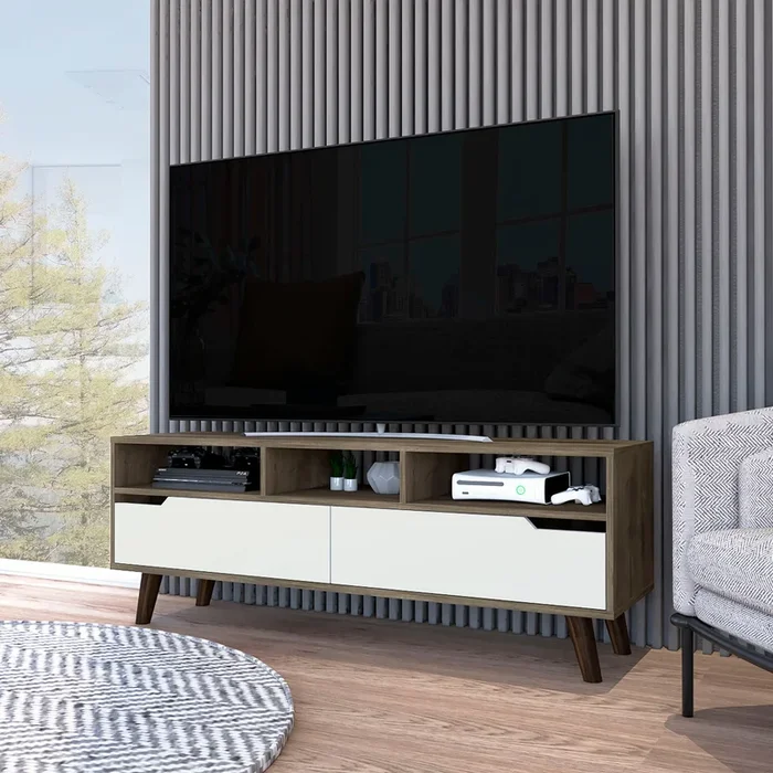 Hamburg Tv Stand For Tv S Up 52″, Four Legs, Three Open Shelves,Two Upturned Drawers Multicolor 60 69 Inches Mdf Engineered Wood